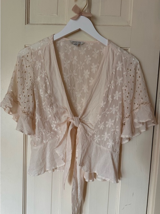 American Eagle Outfitters Tops - American Eagle Outfitters Cream Floral Eyelet Tie-Front Blouse